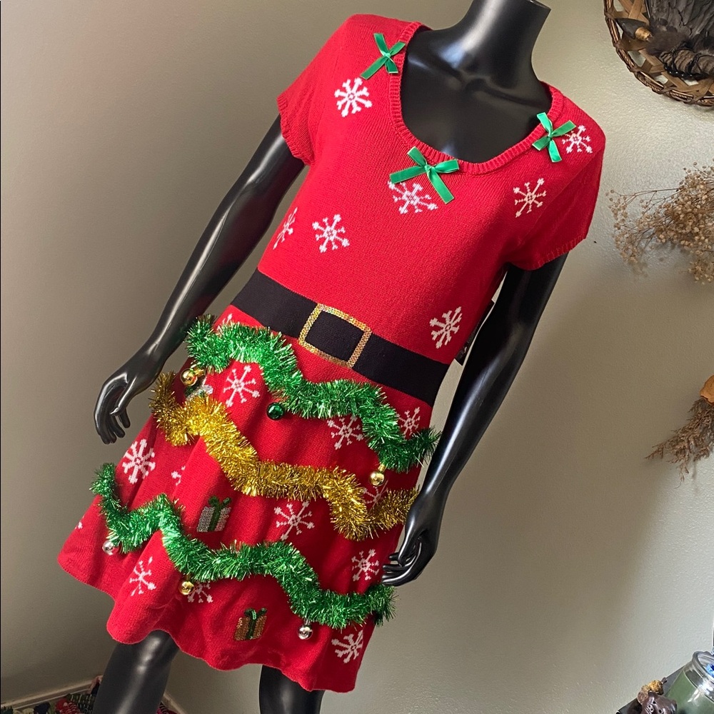 Allison Brittney Red Holiday Christmas Dress with Green and Gold Accents NWTs